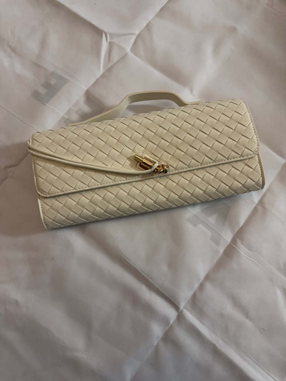 Woven Leather Top-Handle Clutch - Cream